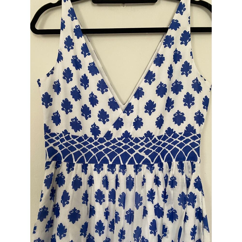 J.Crew Womens 4 V-Neck Maxi Dress Santorini Blue Block Print Cotton Tiered India - Picture 5 of 13